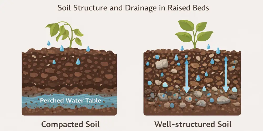 Diagram comparing compacted soil and well structured soil in a raised bed, showing differences in drainage and air spaces