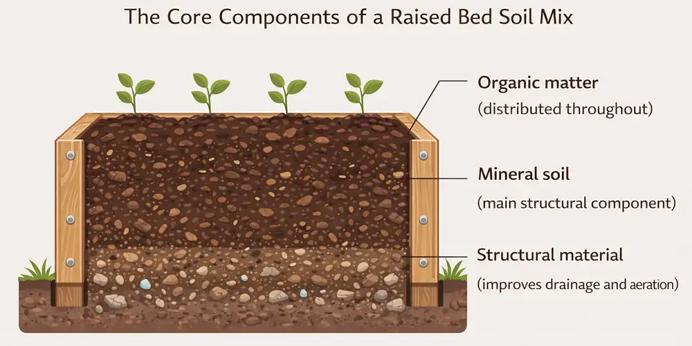 Diagram showing the core components of a raised bed soil mix: organic matter, mineral soil, and structural material