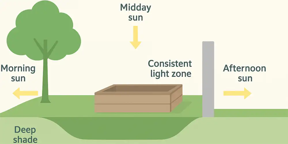 Diagram showing a raised bed in a consistent light zone between deep shade from a tree and afternoon shade from a wall, with morning, midday and afternoon sun marked.