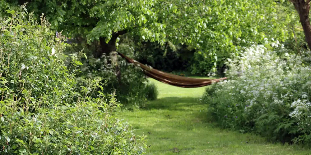 Peaceful sensory garden seating with soft planting, shade and enclosure creating a calm place to relax.