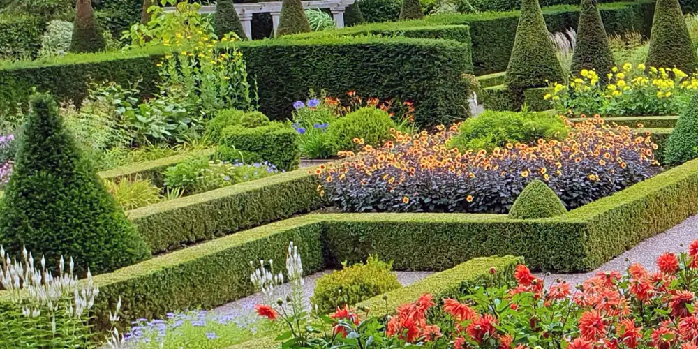 Year-round garden structure using clipped hedging, foliage texture and seasonal flower colour