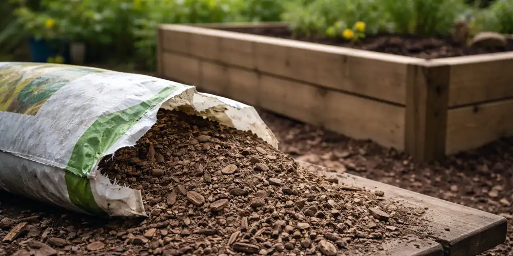 Opened bagged raised bed soil showing a woody, lightweight mix beside a wooden raised bed