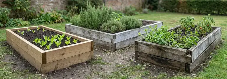 Wooden raised beds at different ages showing how long raised beds last depends on timber, moisture and construction