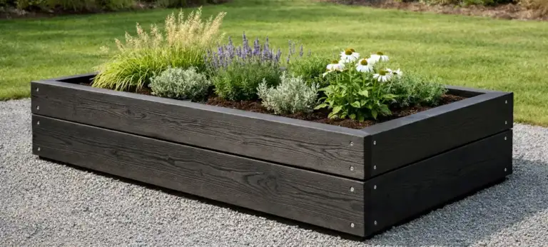 Dark Yakisugi raised bed with clean board runs and ornamental planting on gravel in a garden setting