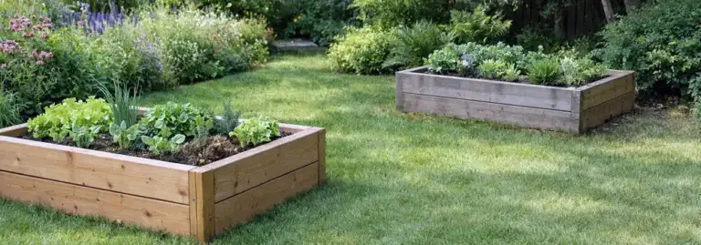 Two similar raised beds in different garden positions showing how shade and spacing can affect airflow, drying and raised bed lifespan