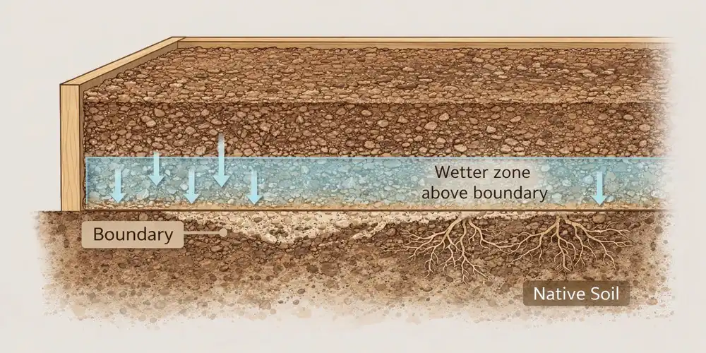 Cross-section diagram showing imported raised bed soil over native ground with water perching above the soil boundary
