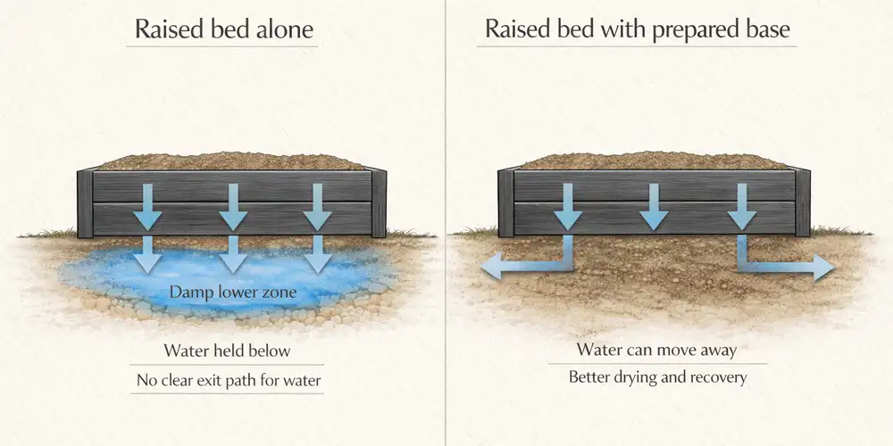 Diagram comparing a raised bed alone with a raised bed on a prepared base, showing that height alone does not guarantee drainage unless water can move away