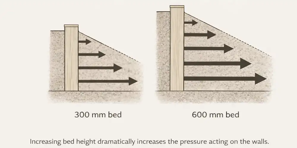 Comparison of soil pressure on 300 mm and 600 mm raised beds, showing greater lateral force on the taller bed