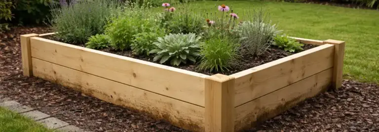 Standard pine raised bed with subtle damp staining and early weathering at the lower boards in a garden setting