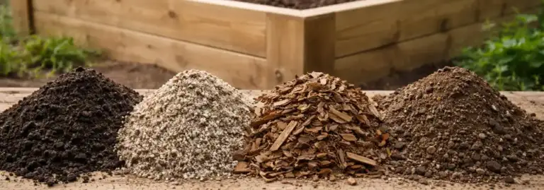 Contrasting raised bed fill materials compared in front of a wooden raised bed