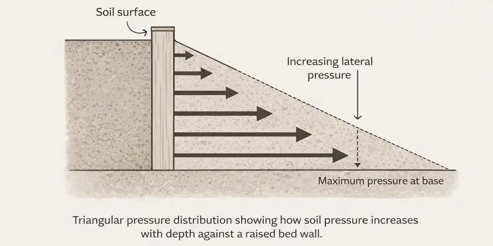 Diagram showing triangular lateral soil pressure increasing with depth against a raised bed wall