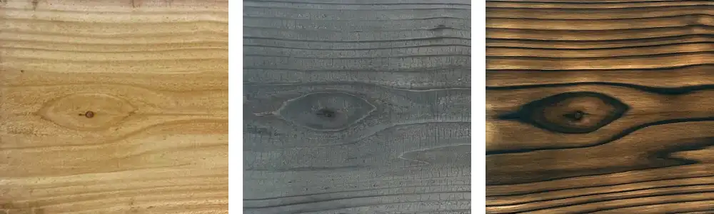 Stages of the Yakisugi process on Western Red Cedar: raw timber, charred surface, and brushed grain