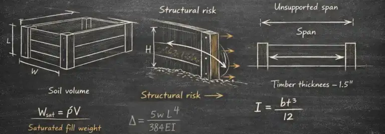 Chalkboard-style diagram for a raised bed calculator showing soil volume, saturated fill weight, unsupported span, timber thickness, and structural risk formulas
