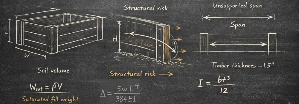 Chalkboard-style diagram for a raised bed calculator showing soil volume, saturated fill weight, unsupported span, timber thickness, and structural risk formulas