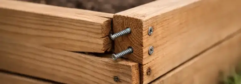 Failed raised bed corner with screws pulling out of an end-grain fixing and the joint opening under load