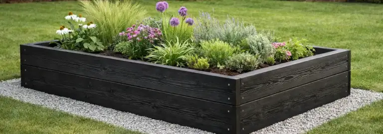 Mixed ornamental and herb planting in a black charred timber raised bed, showing that raised beds can be used for more than vegetables