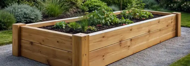Long wooden raised bed with visible corner posts and side span, illustrating structural design and support in a garden setting