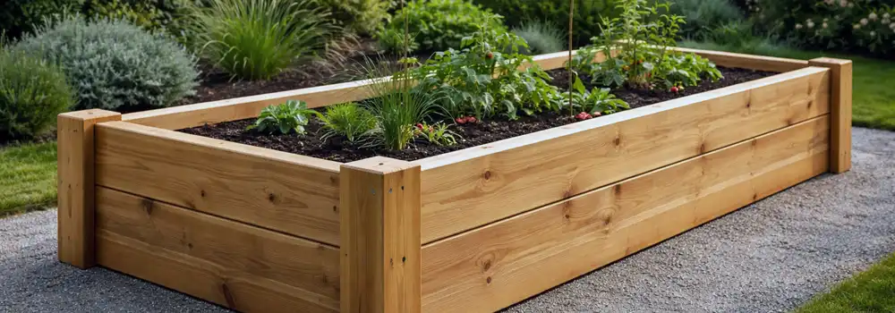 Long wooden raised bed with visible corner posts and side span, illustrating structural design and support in a garden setting