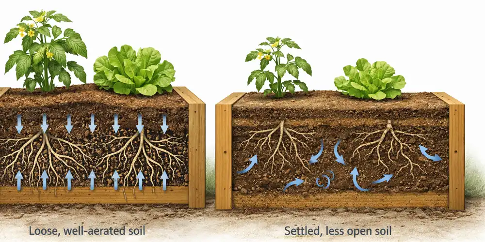 Cutaway diagram of a raised bed in year 1 on the left and year 2 on the right, showing lower settled soil and less reliable water movement in year 2