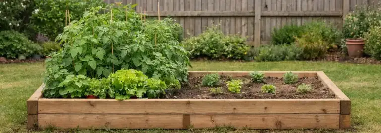 Raised garden bed thriving on one side and struggling on the other to show year-two decline