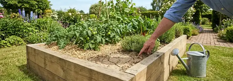 Dry raised bed soil being checked by hand, showing why raised beds dry out faster and how moisture can be managed