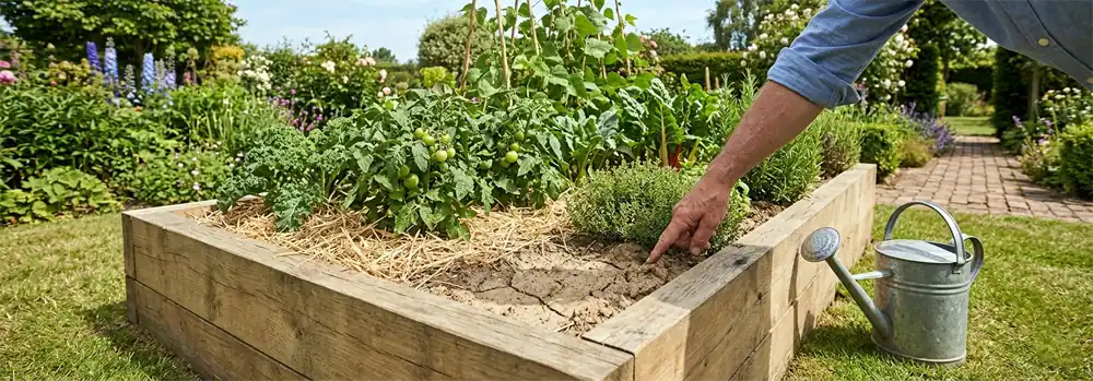 Dry raised bed soil being checked by hand, showing why raised beds dry out faster and how moisture can be managed