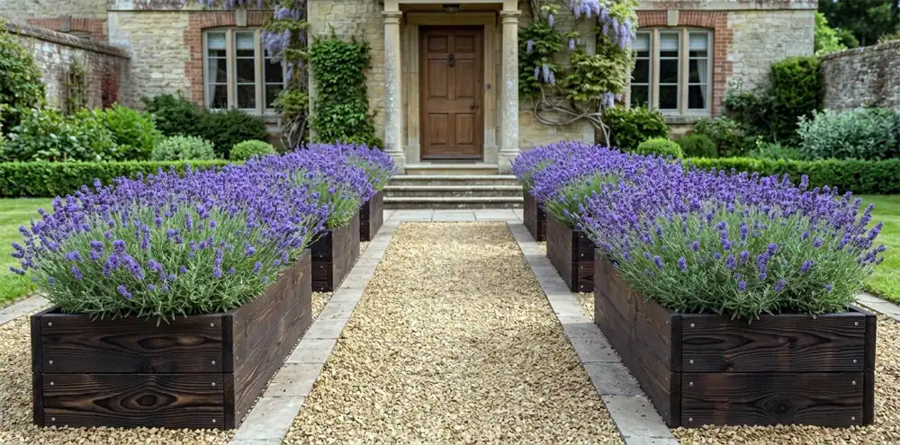 Tall narrow Hidcote lavender raised beds showing how height affects ideal width
